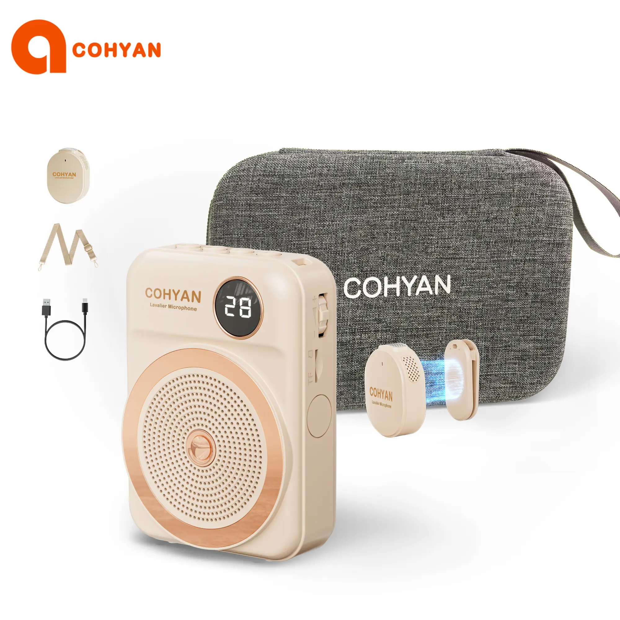 COHYAN K28 Voice Amplifier with Wireless Lavalier Clip On Mic, Portable Bluetooth Audio Speaker, Rechargeable Bullhorn Megaphone for Teachers, Classrooms, Meetings - Beige,summerwins