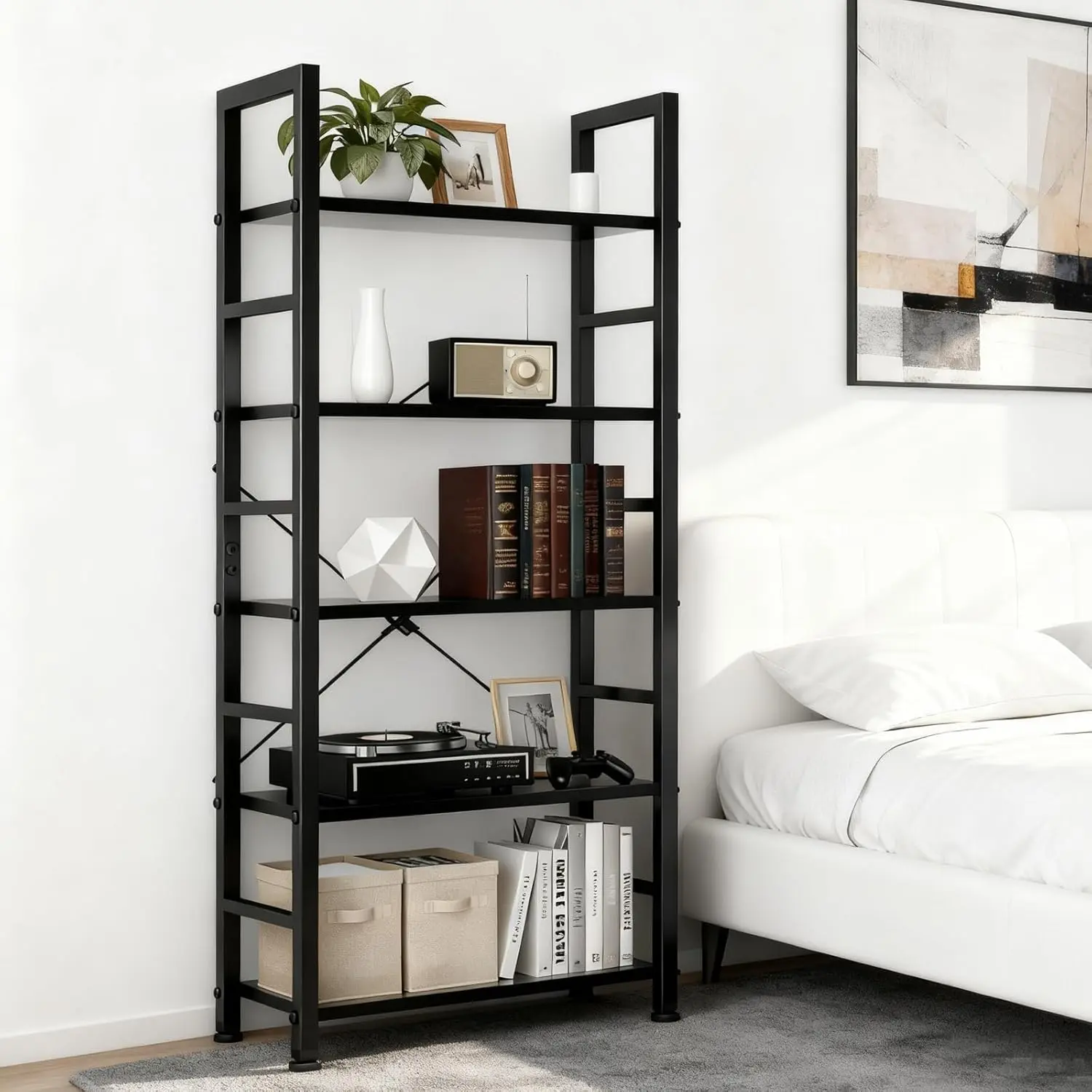 5-Tier Black Wooden Bookshelf with Metal Frame, Free-Standing Open Storage Rack with Practical Storage & Organization, 62.2" Tall Sturdy Display Unit for Living Room, Home Office