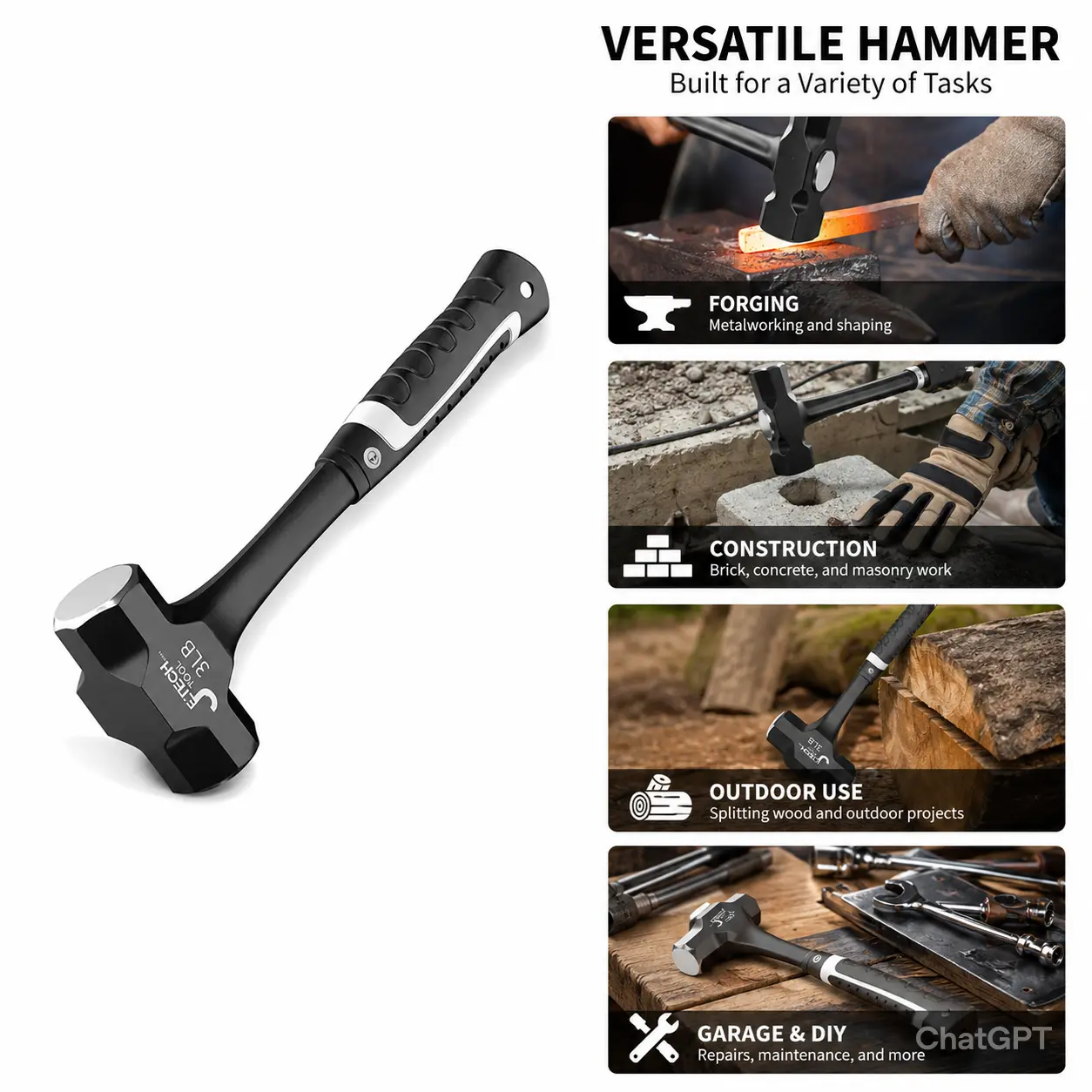 OUDISI Z50 Sledge Hammer - 2LB-3LB High-Quality Carbon Steel Precision Forging 1-Piece Core Sturdy Without Deformation Tool, Non-Slip Plastic Handle Prevents Side Slipping for Construction, Garage & DIY Use, Forged Steel