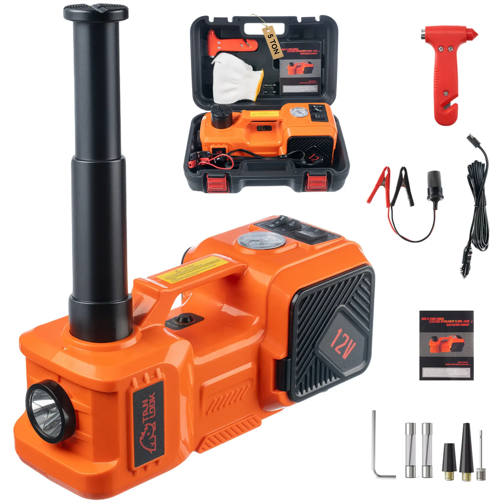 12V 5 Ton Electric Hydraulic Car Jack Kit with Tire Inflator, Portable Auto Lift Tool for Tire Change & Roadside Use