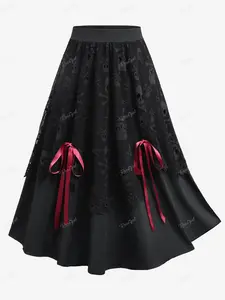 Rgothic Plus Size Mesh Skull Bowknot Tied Layered A Line Skirt Casual Club Cocktail Party Daily Midi Polyester Polyurethane High Stretch