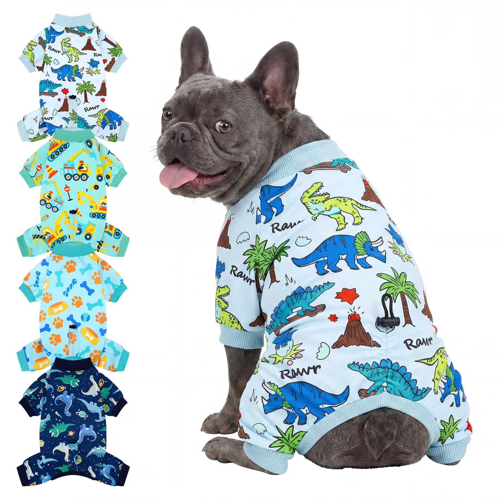 XPUDAC 4-Pack Adjustable Dog Pajamas - Cartoon Footprints, Dinosaur & Excavator Patterns, Drawstring Design, Warm & Adorable Outfits for Boy Dogs, Breathable Stretchy for Daily Wear & Photoshoots