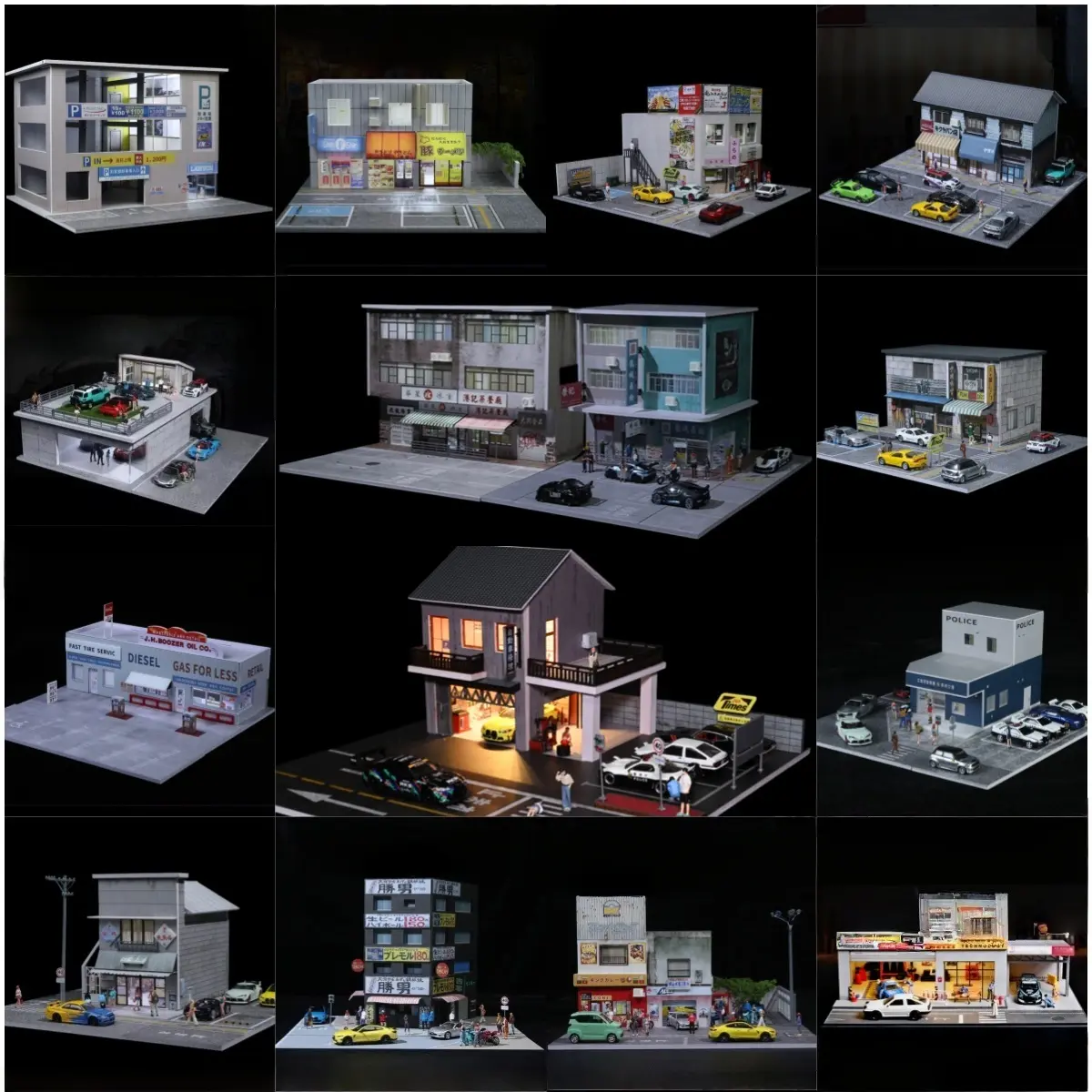 Diorama 1/64 Scale Car Garage Model LED Lighting City Street View Store Building Repairworkshop Car Parking Lot Scene Display Model Collection Gift Toy