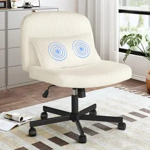 ONBRILL Criss Cross Chair with Wheels Massage Cushion Wide Cross Legged Office Desk Vanity Chair Comfy Fabric Armless Adjustable Swivel for Home Computer Task Fabric Beige