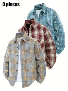 (3-piece set) Unisex European & American Gender-Neutral Retro Casual Shirts with Checkered Pattern, Fashionable and Minimalist, Flapped Collar Design for Year-Round Wear, Loose and Comfortable Fit to Meet Diverse Needs