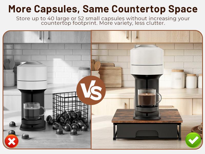 EVERIE Rustic Brown Wooden Coffee Pod Drawer Slide-Out Organizer Holder Compatible With Nespresso Vertuo Capsules 40 Large or 52 Small for Kitchen Countertop & Coffee Bar