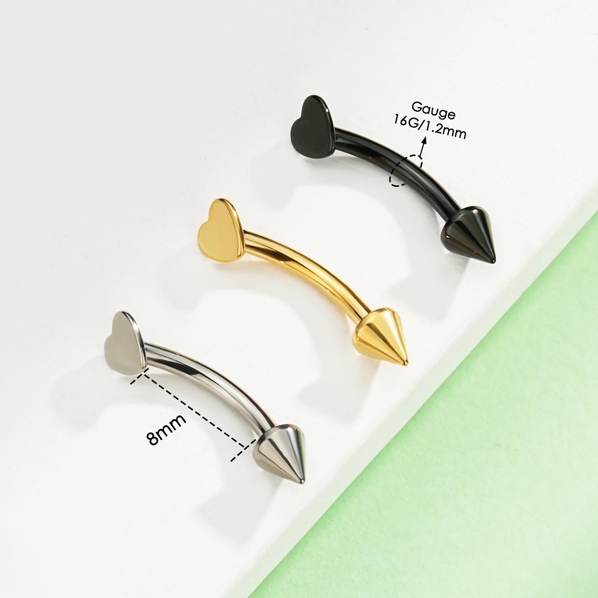 Oufer 16G Titanium Flat Heart & Spike Eyebrow Rook Ring Vertical Labret Snake Bite in Gold Black Silver