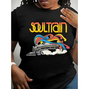 Vibrant Soul Train Tee Vibrant Plus Size Women's Fashion T-Shirt - Soul Train Graphic, Stretchy Polyester Blend, Round Neck Short Sleeve - Colorful  Comfortable Casual WearFashion Unisex T-shirts S-3XL