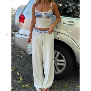 Women's Striped Print CropÂ CamisÂ Top &Â Drawstring Waist Sweater Pants Set,Â Women's Knitwear for Daily Wear Clothes Womenswear
