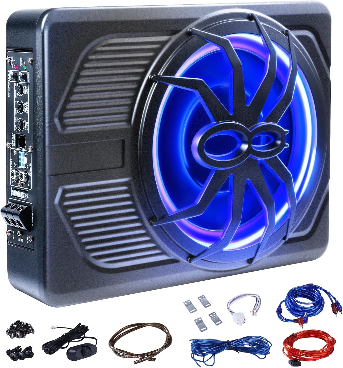 ANDEMAN Car Subwoofer amplifier, Ultra-thin10" Large-caliber subwoofer with Blue LED Ambient Light, 800W Stereo Surround Sound built-in amplifier, High/Low Level Input for Car/Truck ANDEMAN Car Subwoofer amplifier, Ultra-thin10" Large-caliber subwoofer with Blue LED Ambient Light, 800W Stereo Surround Sound built-in amplifier, High/Low Level Input for Car/Truck