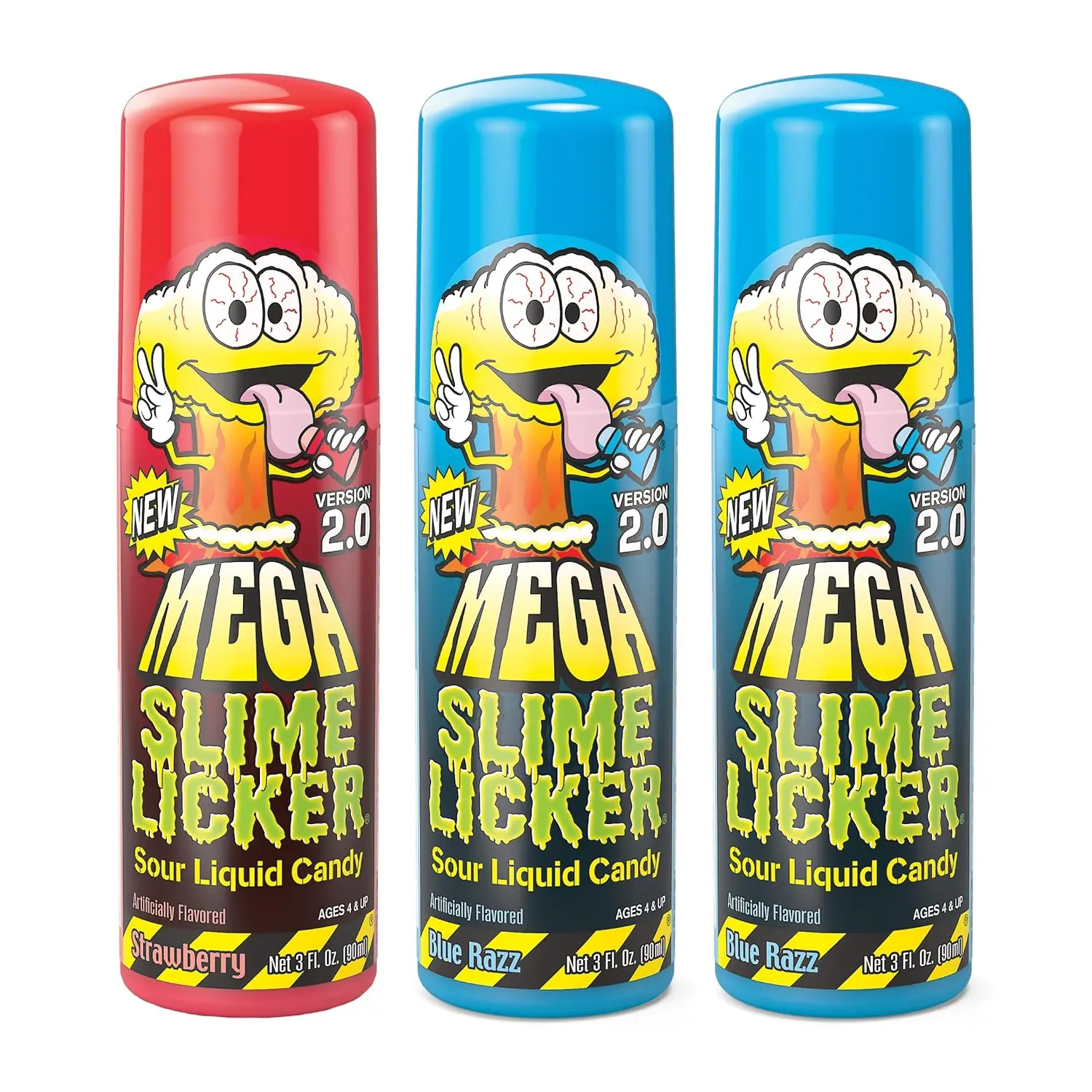 Mega Slime Licker 2.0 Sour Liquid Candy - 3 Pack - 2 oz. Bottles - Strawberry & Blue Razz Flavors - Tangy Treat for Party Favors & Snacking - Sweet