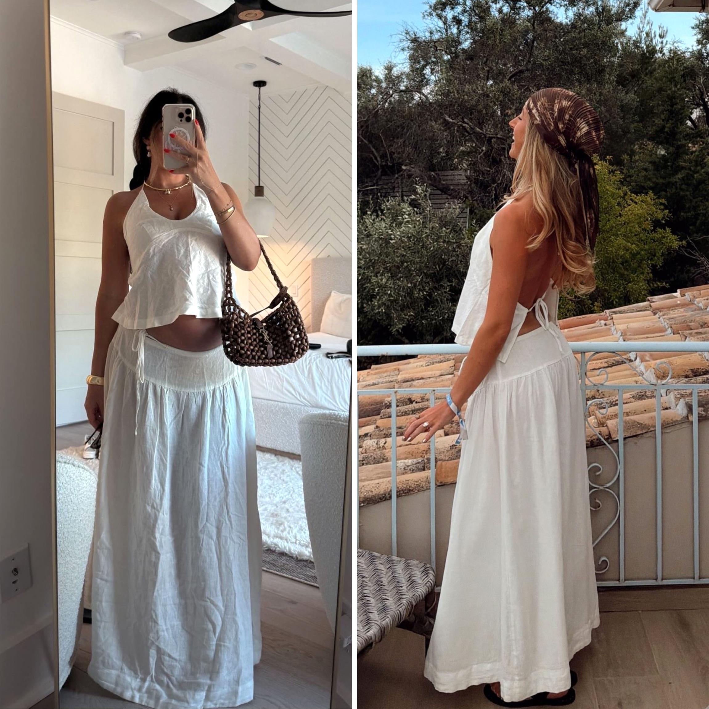 Buenoble Sandshell Linen Skirt Set Women’s 2 Piece Halter Top Flowy Maxi Skirt, Backless Summer Outfit, Beach Vacation Resort Matching Set