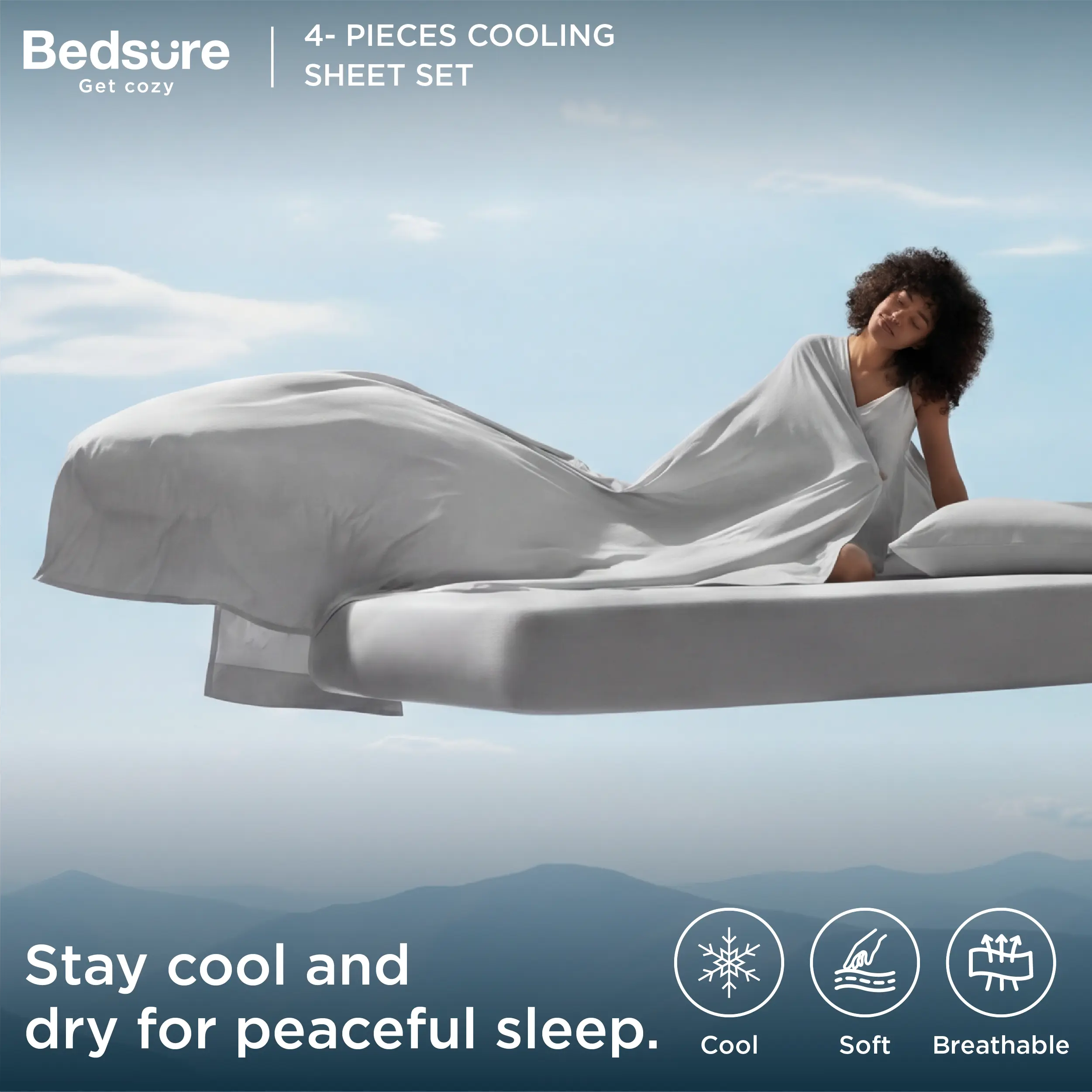 【backtoschool】Bedsure 4- Pieces Cooling  Sheets ， Cooling Bed Sheets for Hot Sleepers, Chill Cool Sheet, Deep Pocket Up to 18 Inches, Soft & Breathable  Sheets Set