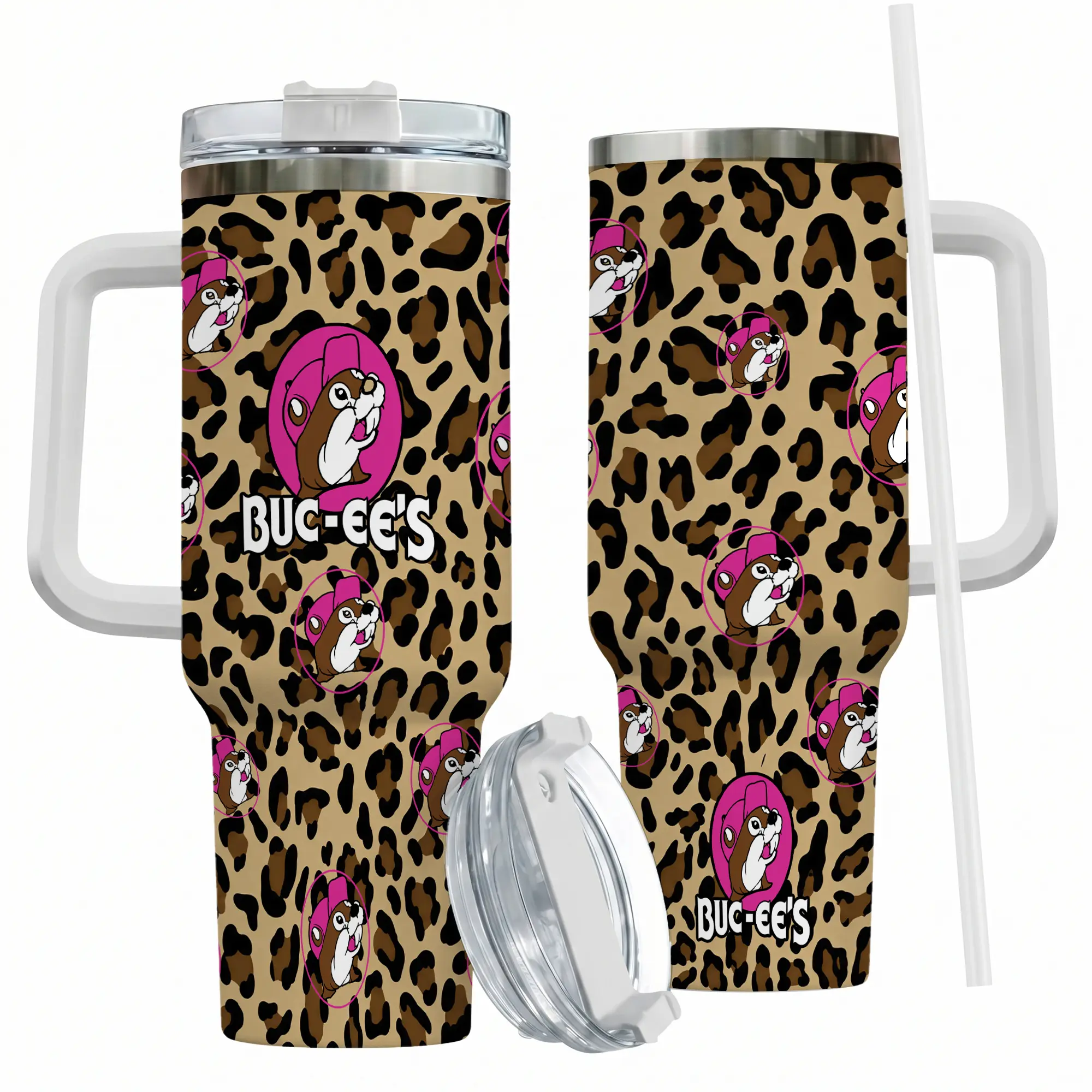 Buc-ee's Leopard Print 40oz Tumbler, Pink Travel Coffee Cup, Stainless Steel Water Bottle, Cute Beaver Tumbler, Gift for Her, Cute Beaver Merch, Road Trip Tumbler Gift, Kitchen Drinkware
