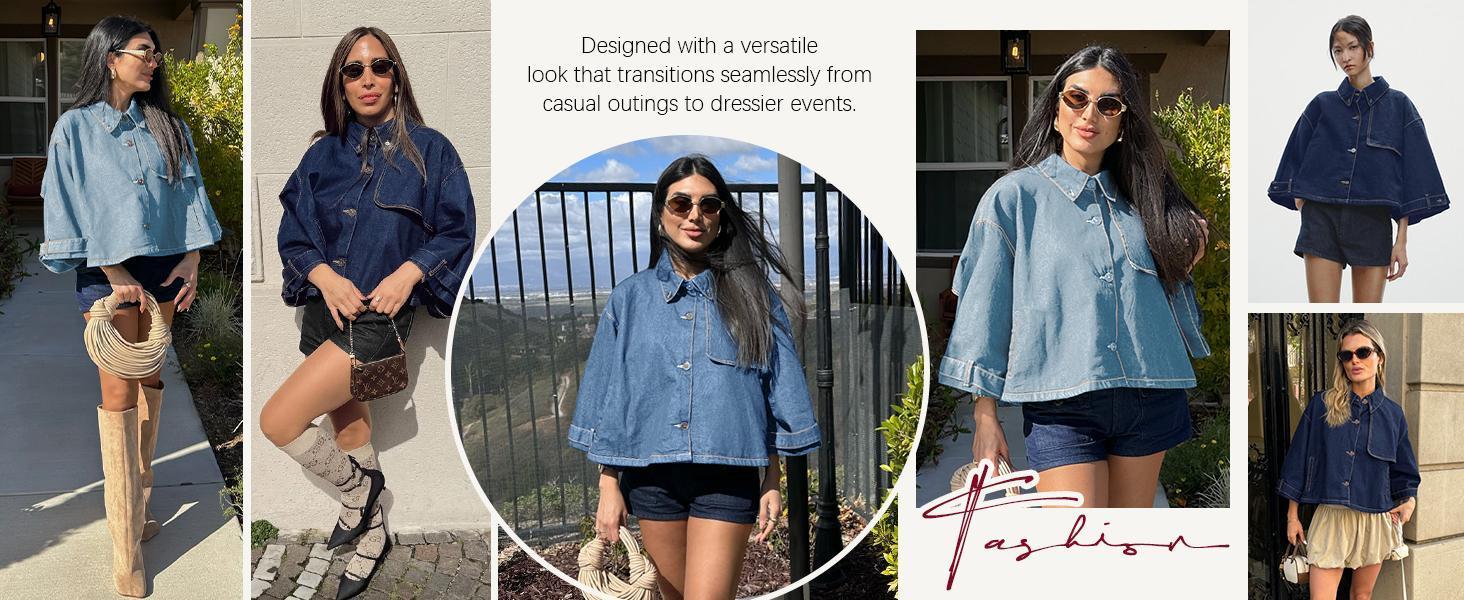 Imily Bela Womens Cropped Denim Jackets Casual Button Down Jean Shirt Shacket Loose 3/4 Sleeve Coat with Pockets