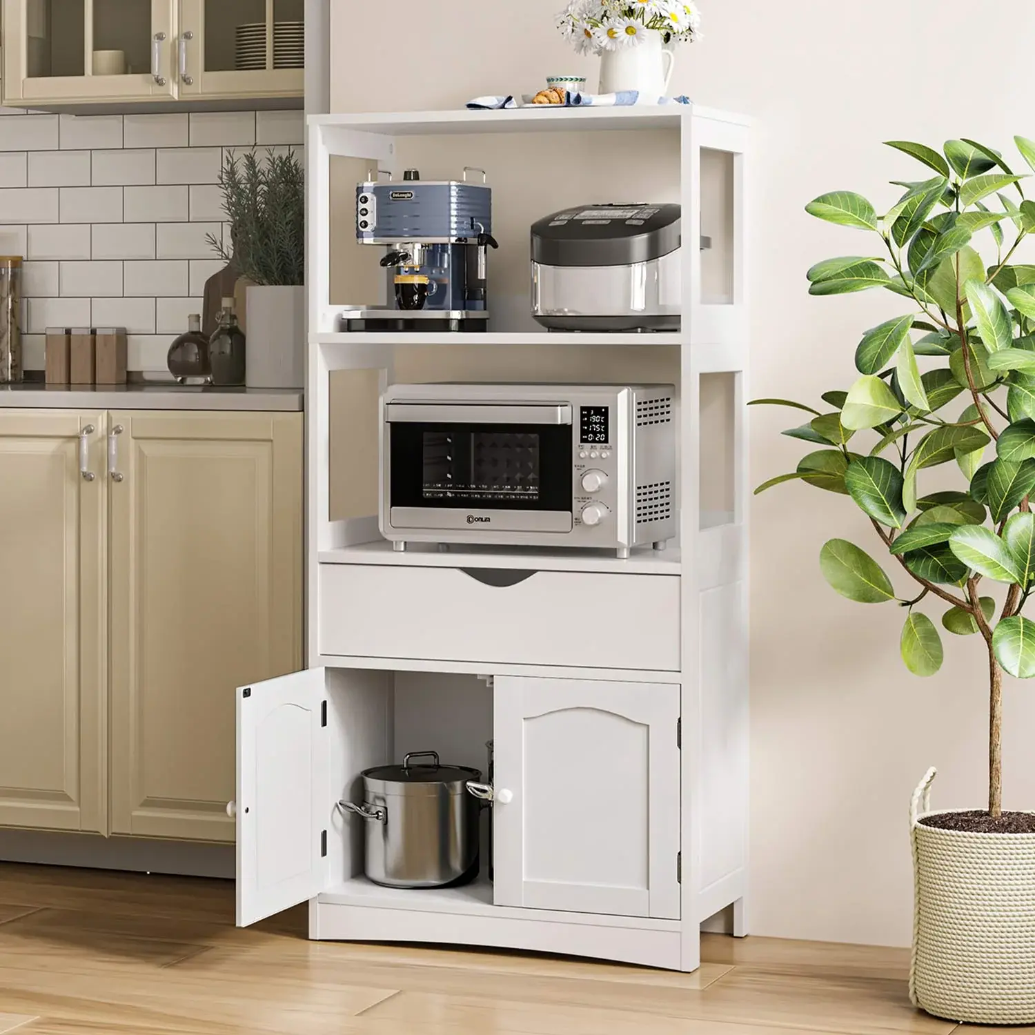 Sikaic Kitchen Storage Cabinet with Microwave Shelf, White Kitchen Cupboard with Drawers for Apartment Kitchen Organization Furniture