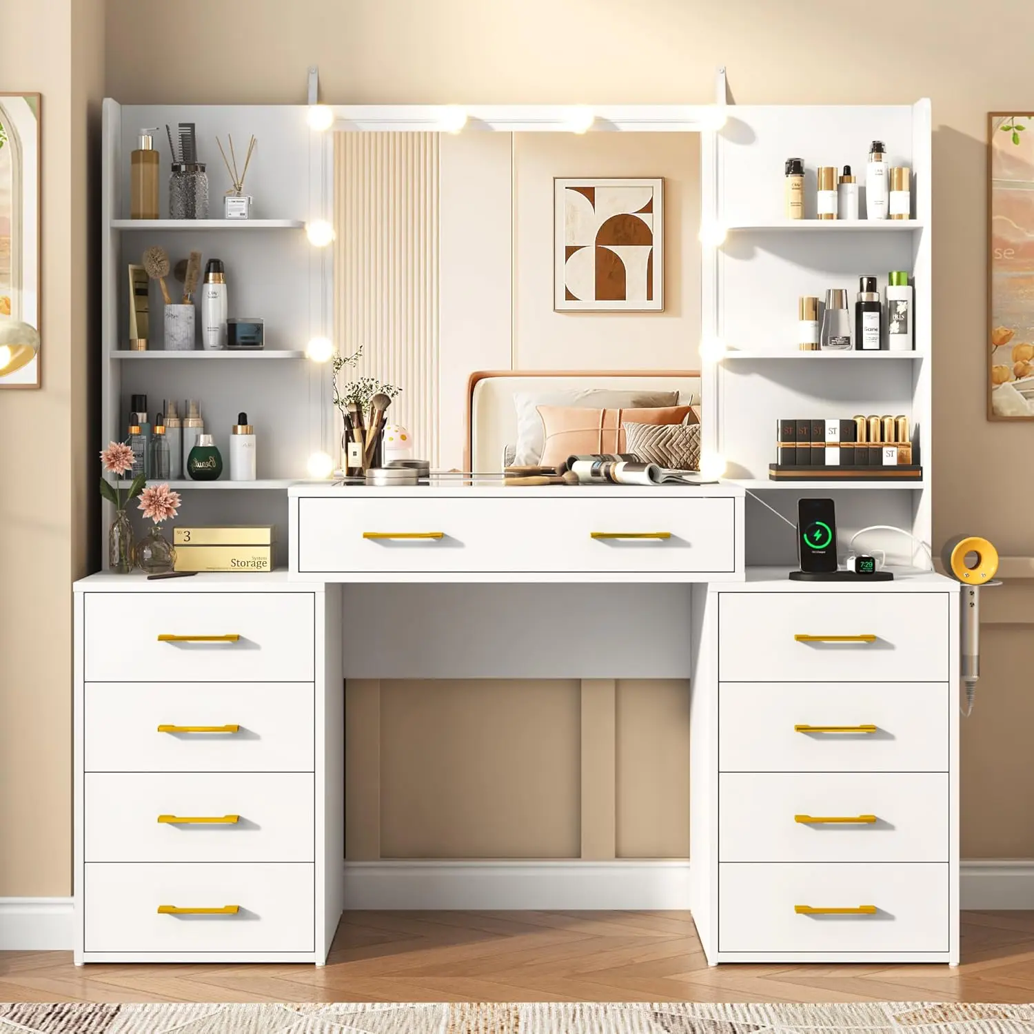 55" Glass Top Makeup Vanity Set with LED Mirror, Charging Station, 9 Drawers & Shelves, Modern Indoor Furniture for Bedroom or Dressing Room, Vanity Makeup Desk, Vanity Mirror With Light