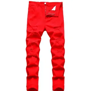 Men's red ripped casual jeans stretch pants Cotton Streetwear skinny jeans baggyjeansmen st patty's outfit