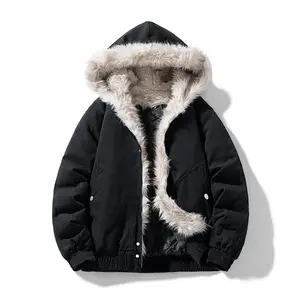 Fashionable casual Artificial fur collar jacket ，with hooded zipper closure long-sleeved coat for streetwear outfits and winter outfits Faux Fur Lining
