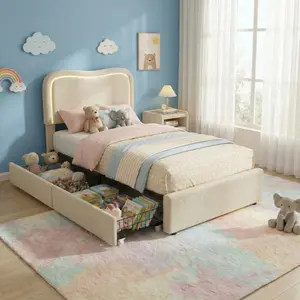 Boucle Twin Bed Frame with 2 Storage Drawers, Upholstered Platform Bed with LED Headboard, Solid Wood Slats Support, for Kids, Teens, Beige