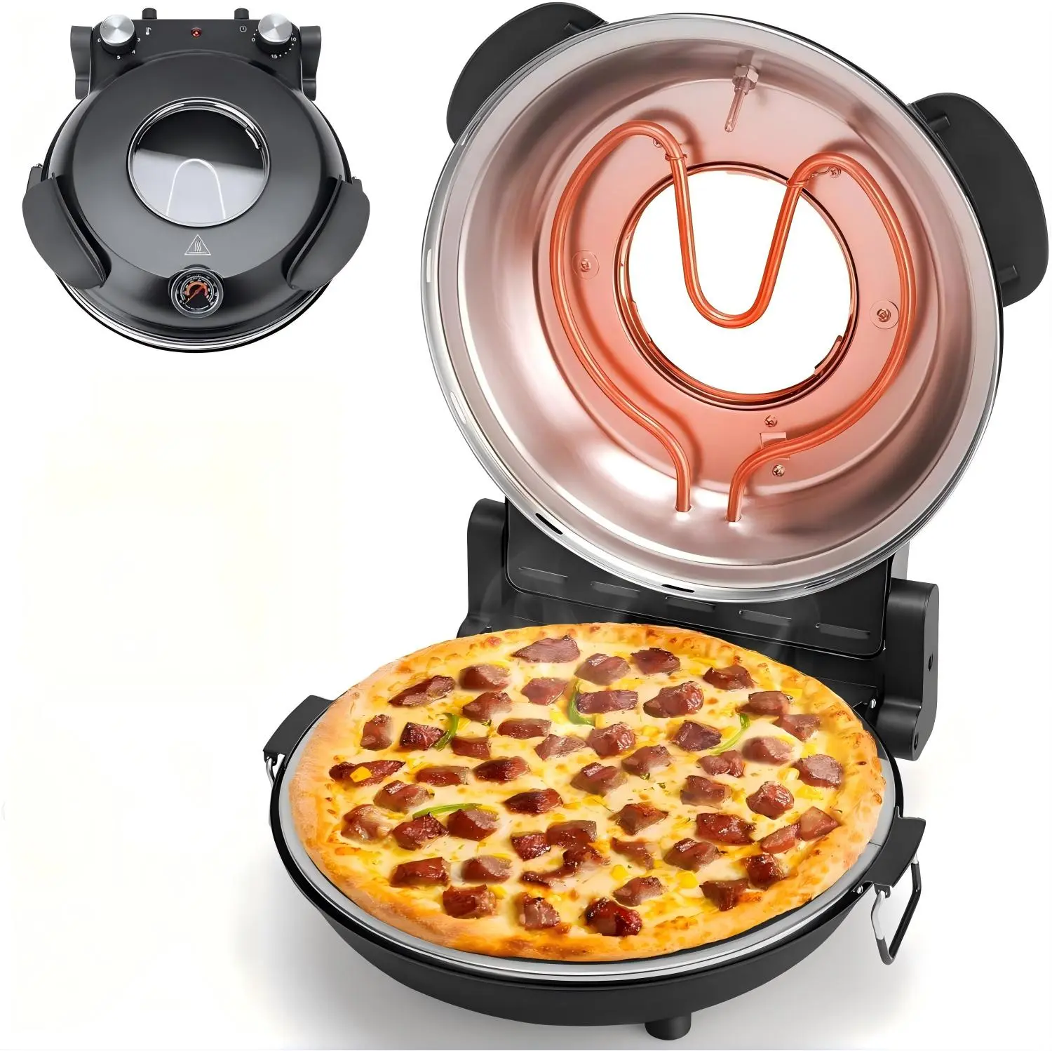 Electric pizza oven, countertop pizza maker, 12-inch pizza maker, space-saving oven, compact design, reliable performance, easy to clean, portable oven, small oven