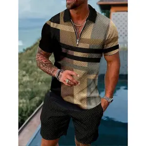 Zipper POLO Shirt Shorts Set Summer Fashion Casual Men's Sports Set 3D Printed Simple Style Lapel Zipper POLO Shirt 2 Sets Clothes Menswear Tropical Gamis