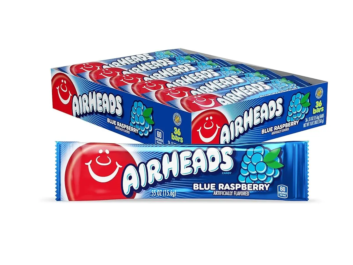 Airheads Blue Raspberry Taffy Snack, Individually Wrapped Full-Size Tangy Sweet Bars, Non-Melting, Party Use, 36-Count Pack, 0.03kg Fruit-Flavored Bonbon