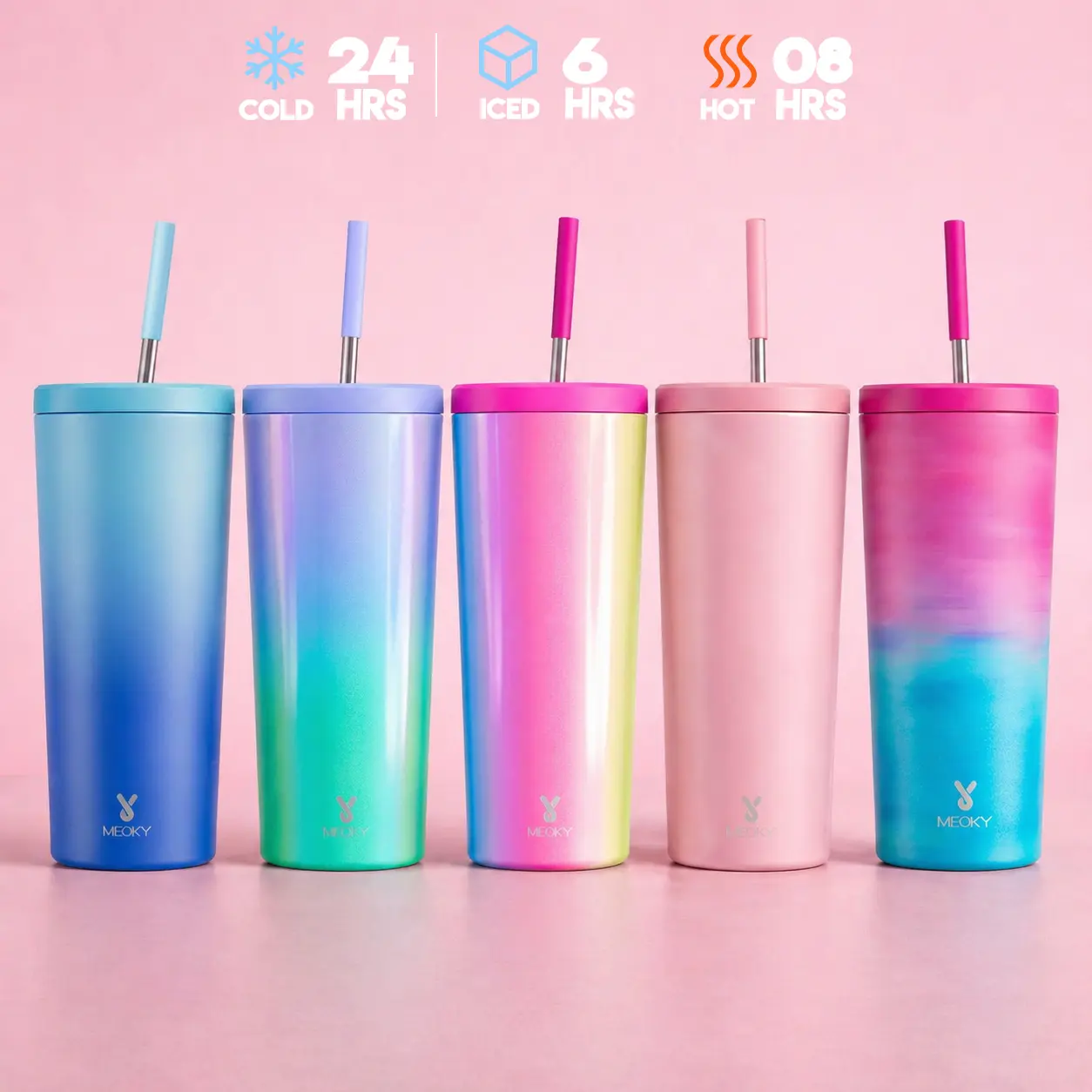 MEOKY 24oz (1000ml) Stainless Steel Leakproof Insulated Tumbler Water Bottle - Non-Slip Base, Car Cup Holder Friendly, Printed Design, Back to School Gift - 13-24 Hours Insulation, Single Unit Vacuum Flask Drinkware
