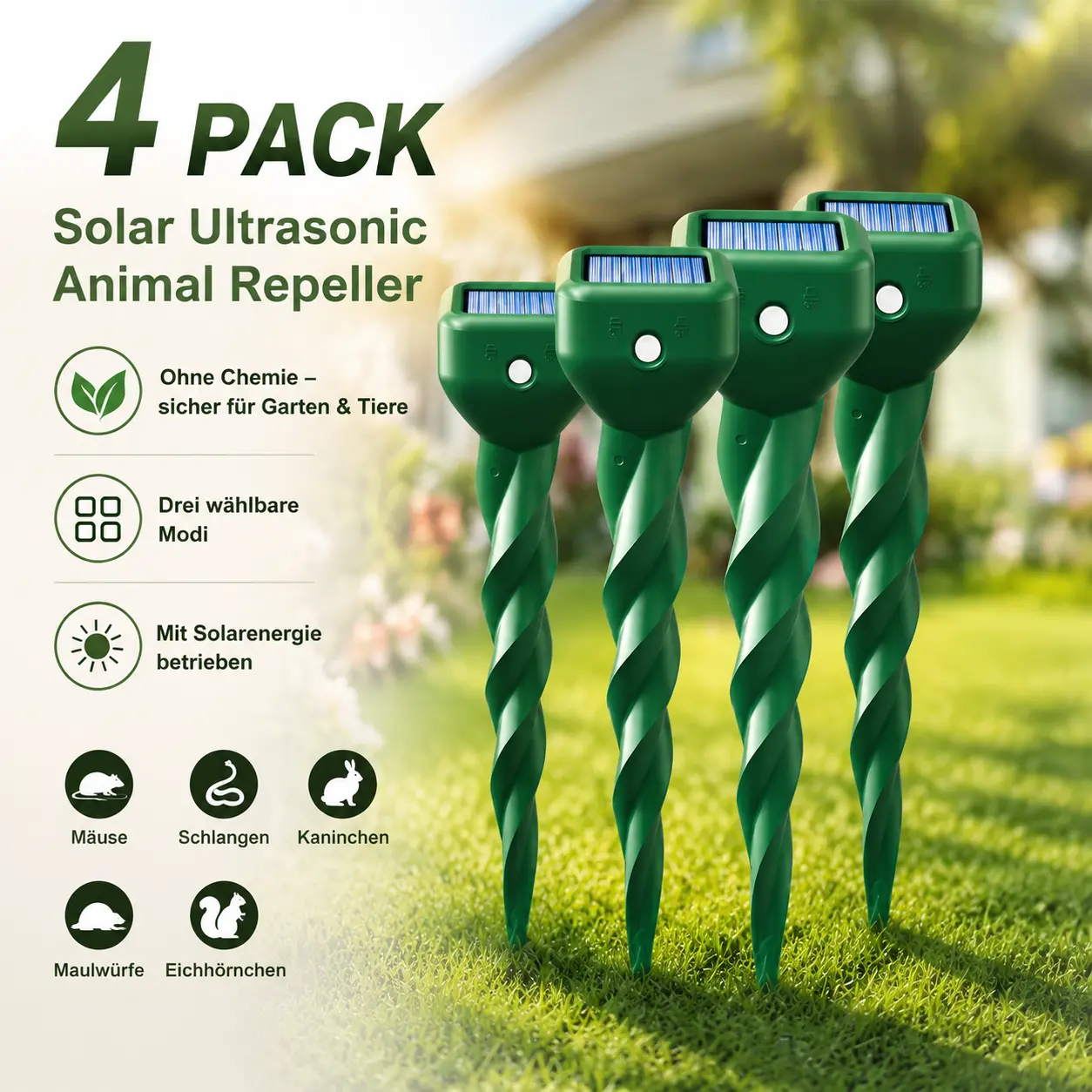 4/6/8 Pack Waterproof Solar-Powered Ultrasonic Pest Deterrent for Outdoor Yd, Lawn & Garden - Repels Mole, Snake, Gopher, Vole, Rabbit, Skunk & More, Animal Deterrence, Multiple Packs