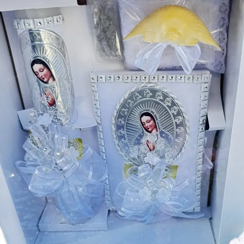 Traditional 5-Piece Baptism Decoration in Box Set - 8 in Candle, Rosary, New Testament, Decorative Elements, Enhances Spiritual Atmosphere (English & Spanish, White, for Boys & Girls), Five Pieces