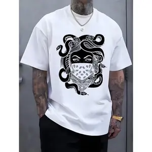 Men's Greek Mythology Medusa Greek Key Print T-Shirt - White & Black Short Sleeve Casual Summer Shirt with Medusa & Snake Design, Round Neck, Machine Washable Greek God Inspired Outfit Accessory