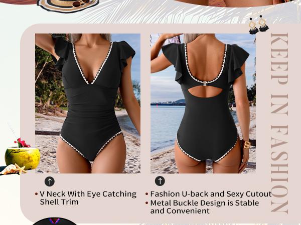 B2LOVER Women's One Piece Ruffle Swimsuit Tummy Control Bathing Suit V Neck Shell Stitched Swim Suit Slimming Swimwear
