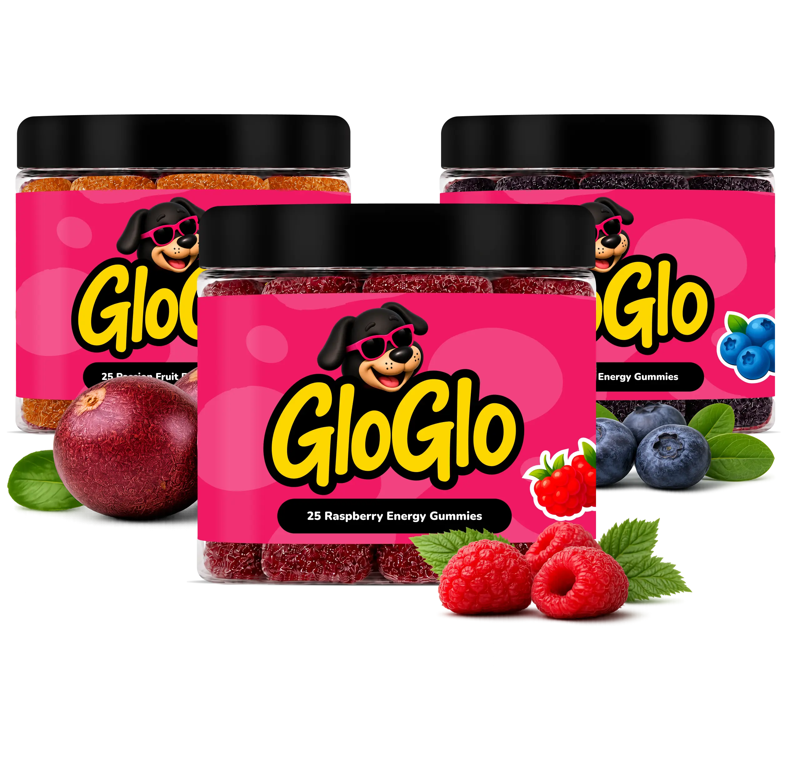 GloGlo Pure Dextrose Energy Chews | Glucose Gummies for Running, Cycling, Endurance & Diabetics | Raspberry / Blueberry / Passion fruit Flavor | Vegan | Gluten and Caffeine Free | 25-Gummy Jars & 60-Gummy Bags