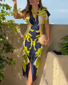 ChicMe Women's Plants Placement Print Deep V-Neck Short Sleeve Ruched Mid-length Dress Slim Fit Slit Front Vacation Dress