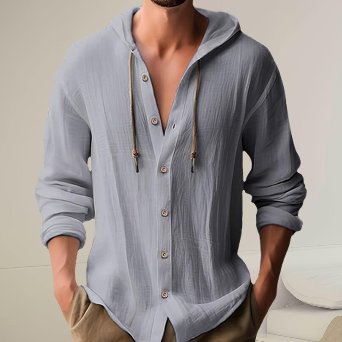 Men's casual hooded long-sleeved shirt, adjustable drawstring hood, non-elastic fabric, regular fit, suitable for spring and autumn outdoor hiking, camping, daily wear and party occasions, as well as gift for festivals