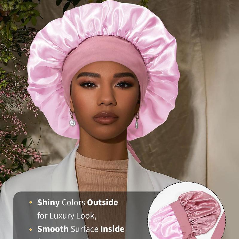 AWAYTR Women's Pink Nightcap Elastic Adjustable Shower Cap Satin Sleeping Hat With Tie Band Double Layered Hair Care Hat Headwrap