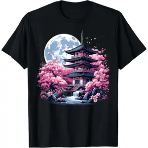 Japanese Sakura Garden Geisha Mount Fuji Cherry Blossom T-Shirt Pure Cotton Graphic Tees Menswear Top: Gifts for Men & Women