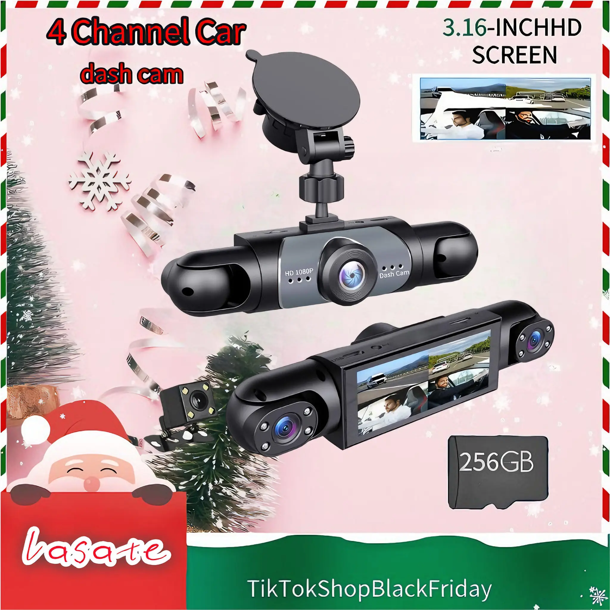 dashcam Multi-Channel Car Dash Cam with Night Vision 4-channel 1080P DVR 256GB Memory Card Video Surveillance System(Not wireless)   Requires charging to use