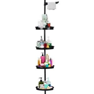 Garvee 4-Tier Adjustable Corner Shower Caddy Tension Pole - No-Drill Standing Bathroom Organizer Rack for Shampoo, Soap & Shower Supplies, Fits 101-122 Inch, Black