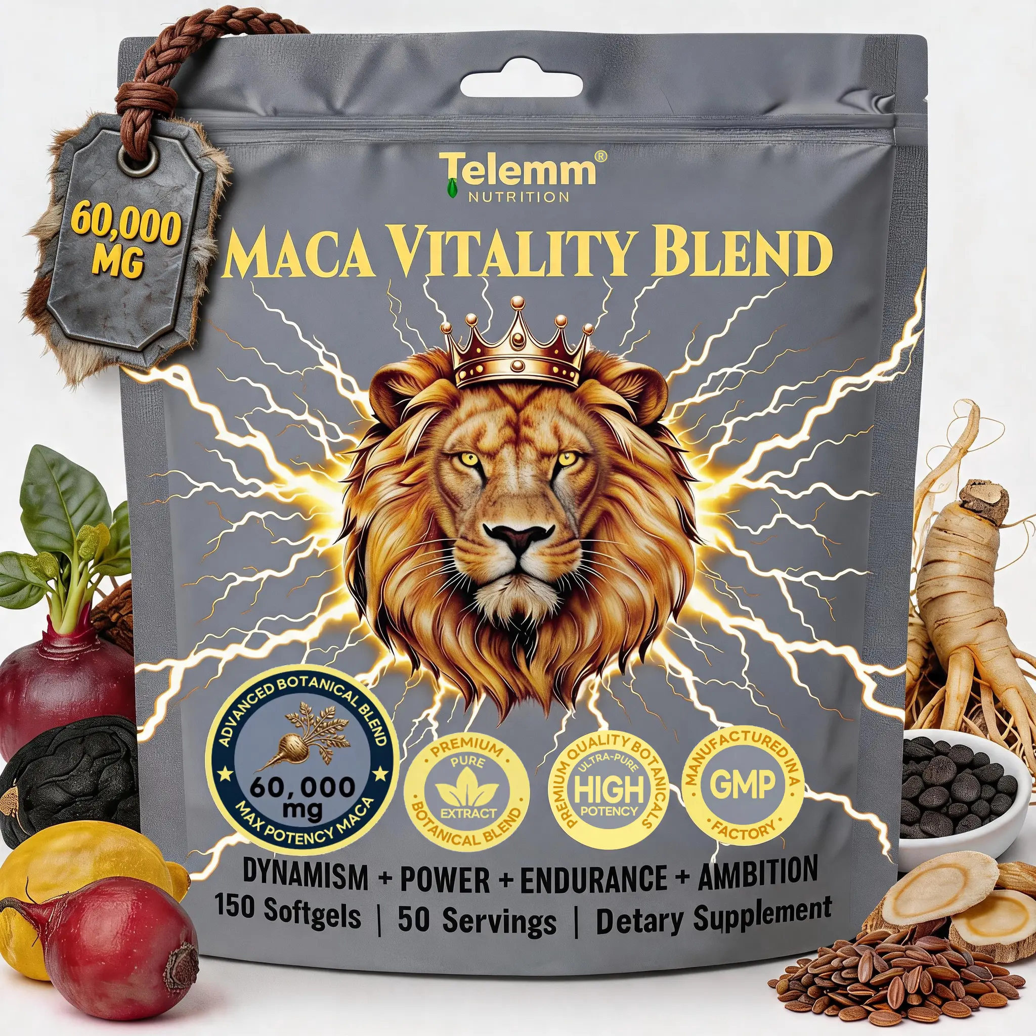Telem Natural Daily Maca Softgels,60000mg Multi-Tone Root Herbal Supplement,Pure Plant Extract Blend,Stimulant-Free Gentle Daily Wellness Care for Adults,150 Softgels 50-Day Supply,Clean GMP Formula