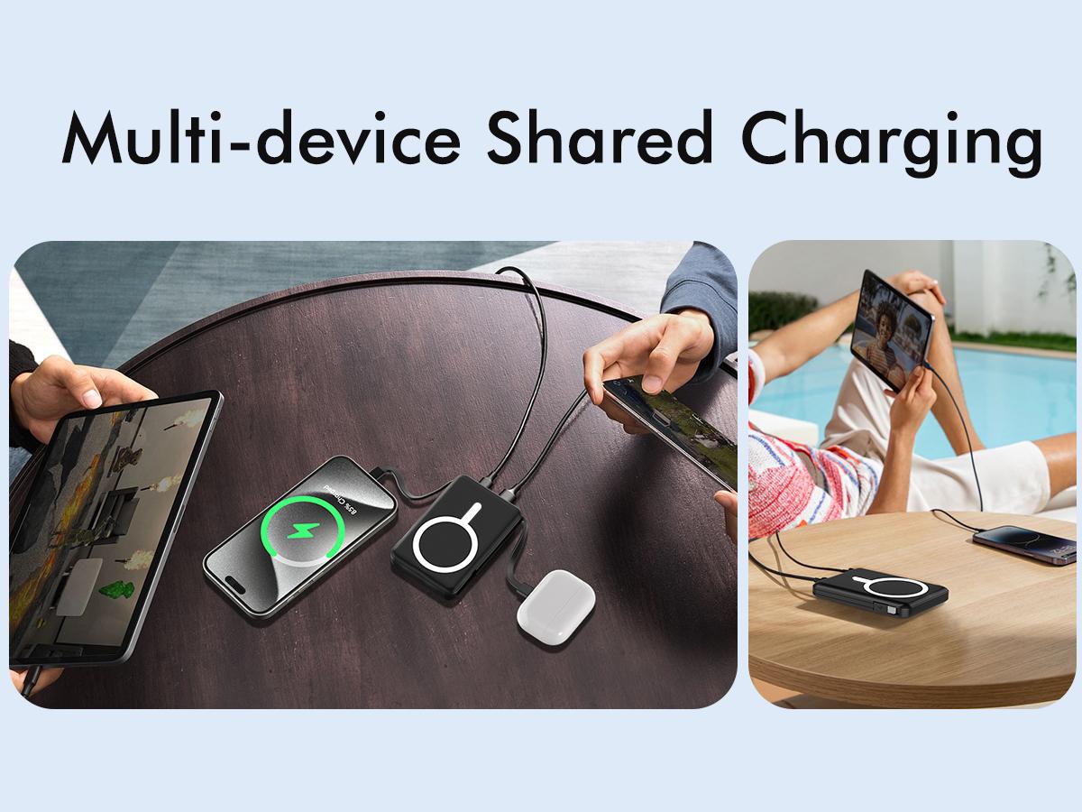 Podoru for MagSafe Battery Pack, 10000mAh Power Bank Built-in USB-C Cables Wireless Magnetic Portable Charger for iphone 15 and above model