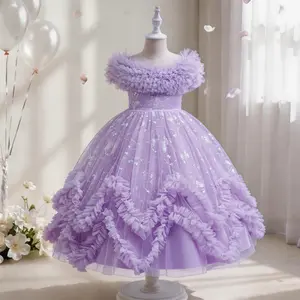 Girls Lavender Princess Dress Off Shoulder Ruffle Tulle Ball Gown Kids Party Wedding Birthday Special Occasion Dress