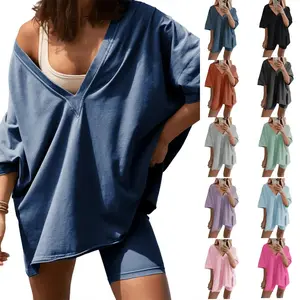 WoodBerry Women's Two Piece set Oversized V Neck T Shirt Biker Short Summer Outfits Hot Shot Reversible Sets Tracksuit Womenswear