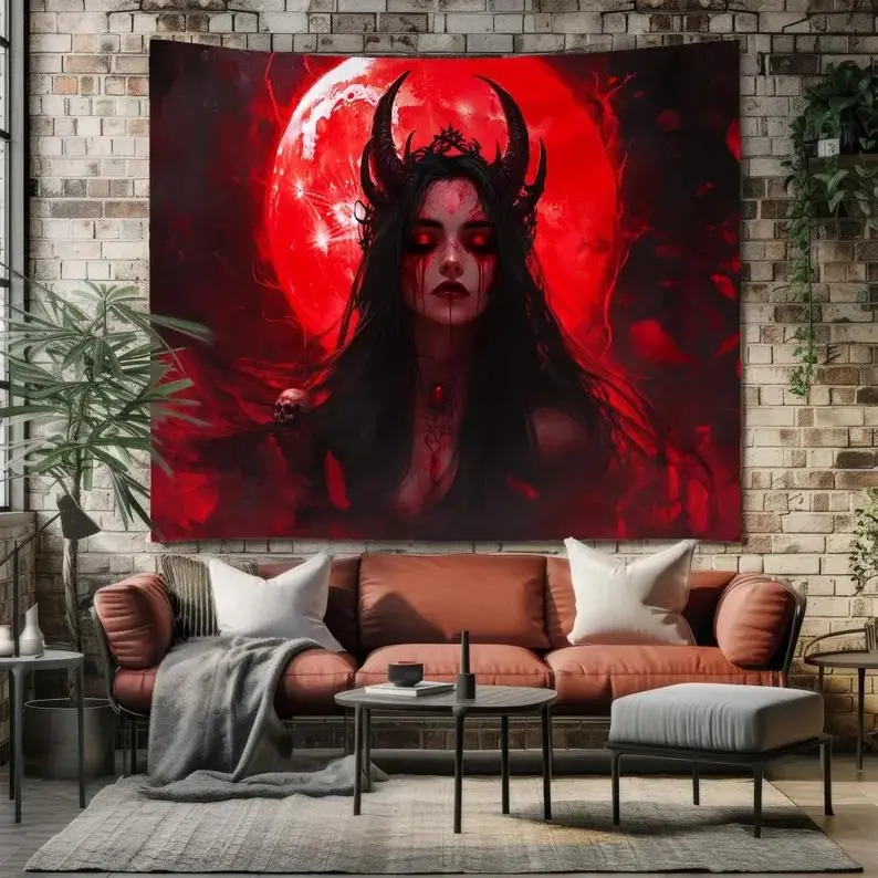 Gothic Demon Woman Tapestry, Dark Occult Wall Decor Art ,4.17x5 Ft