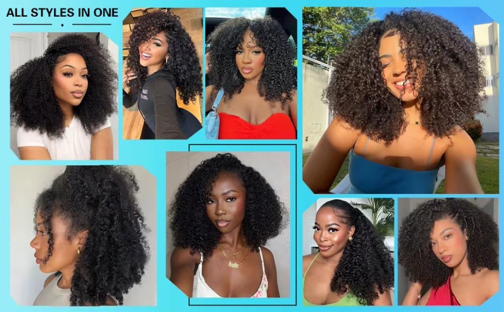 Half Wig Human Hair Burmese Curly Glueless Wig Human Hair Ready to Wear Kinky Curly 3 IN 1 Half Wig With Drawstring 180% Curly Half Wig