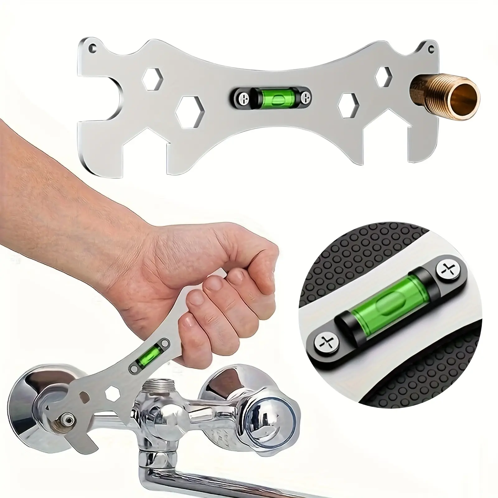 1pc Stainless Steel Rust-proof Universal Wrench - Hexagonal Design, Curved Foot Level Ruler, Multi-functional Plumbing Hand Tool for Bathroom Installation, Leak Fitting Repair (Home Supply)