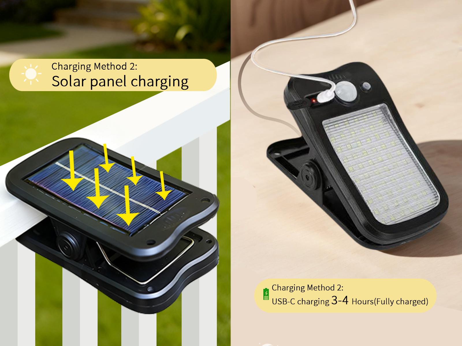 Outdoor Solar Light, USB & Solar Powered Clip Light with Motion Sensor, 3 Modes, Waterproof — Perfect for Yards, Garages, Porches, Patios, Gardens, Pools & Barns