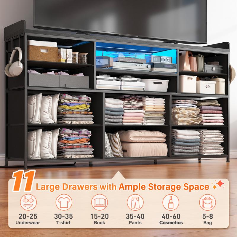 【Jumpstar Sale】Raybee 11 Drawer Smart LED Dresser, with Charging Station, Power Outlets, LED Lights & Shelves, Modern Storage Cabinet for Bedroom/Hallway, TV Stand for 32-55 inch TVs, Easy 10-min Assembly, Includes 4 Hooks