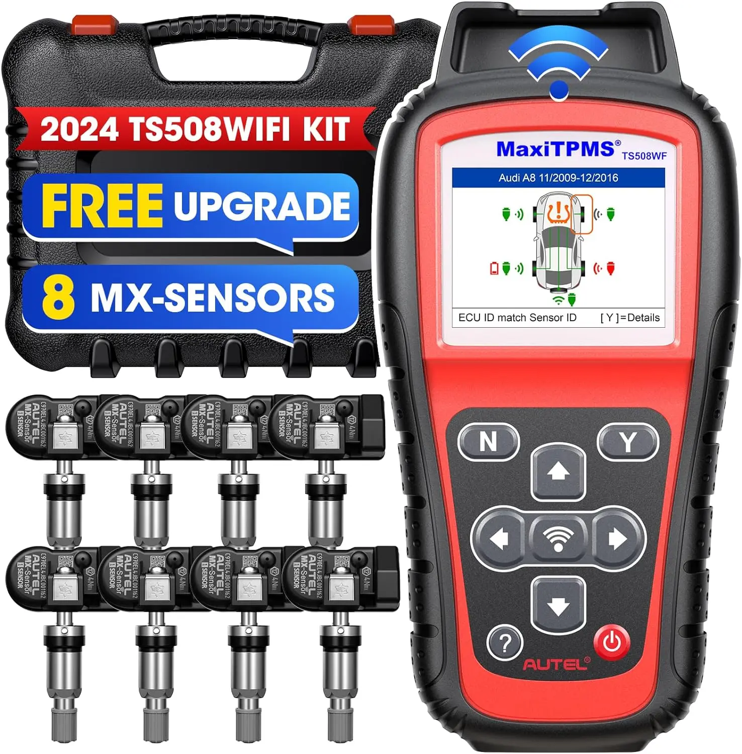 Autel MaxiTPMS TS508WiFi Kit with 8PCS 315+433MHz Sensors Universal Programming, Relearn, Activation Tool, Copy by OBD, Tire Monitoring System, Free Update Upgrade of TS508K, TS408, TS501, TS601,