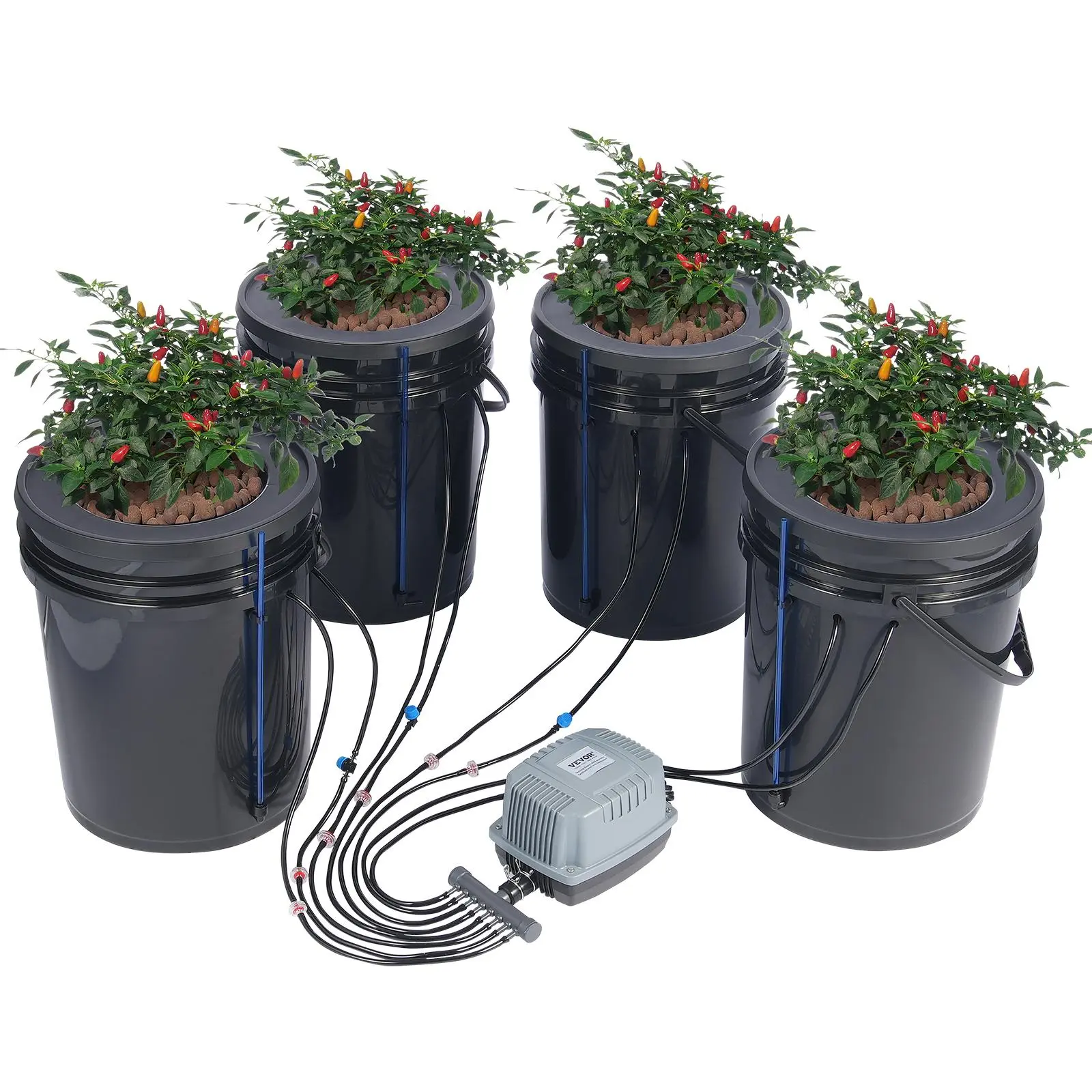 【fathersdaygift】VEVOR DWC Hydroponics Grow System Hydroponic Growing System with Top Drip KitDeep Water Culture 5-Gallon 4 Bucketswith Air PumpAir Stones and Water Level Device for Leafy Vegetables